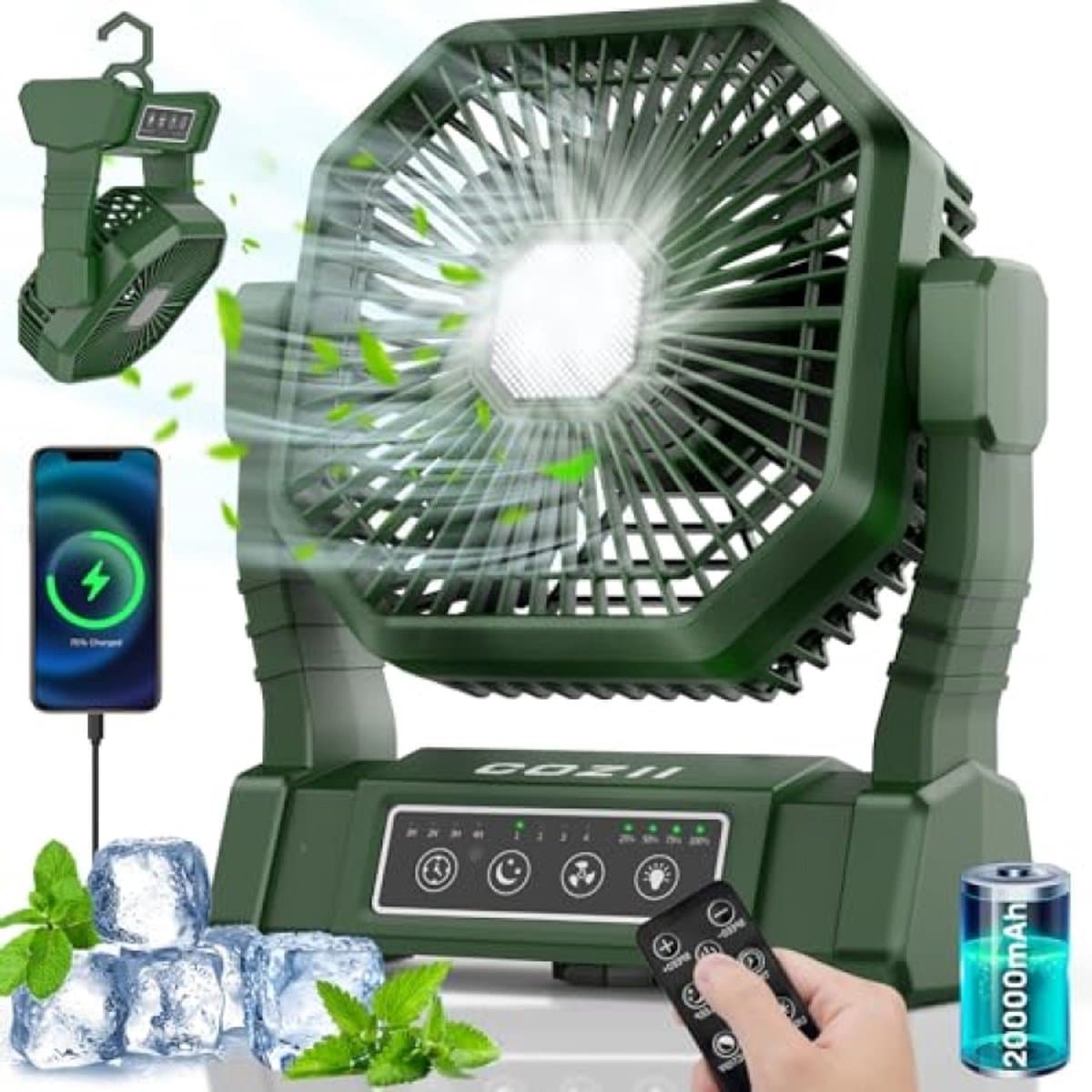 Campingventilator met 20000 mAh accu, tafelventilator, USB ventilator, LED-licht, 4 snelheden, timer en afstandsbediening — afbeelding 1