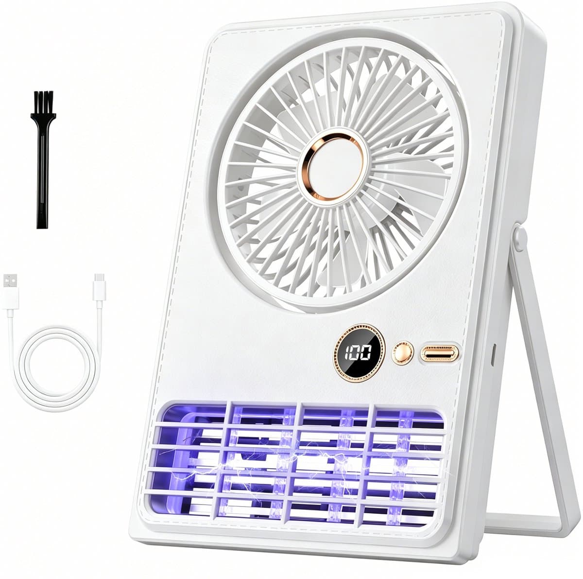 Tafelventilator-draagbare ventilator-bureau ventilator-buiten ventilator-draagbare oplaadbare ventilator - Ventilator met muggenlamp - 90° kantelbaar en inklapbaar - 5 instelbare snelheden - Geschikt voor bureaus, slaapkamers en kamperen - wit — afbeelding 1