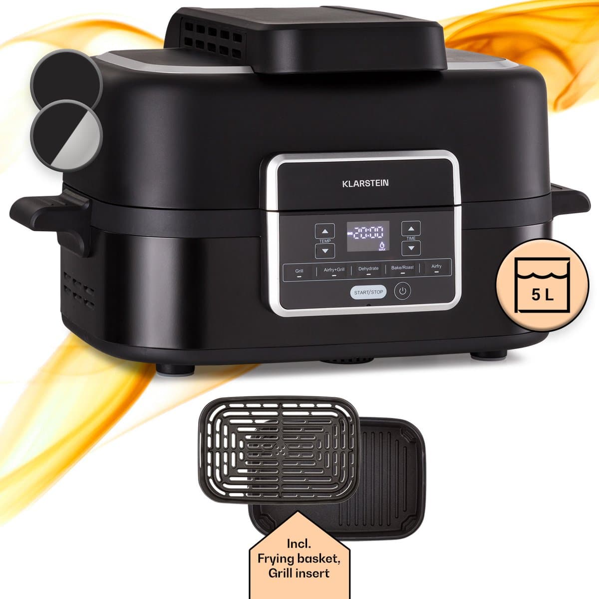 Klarstein 2-in-1 Heteluchtfriteuse met Grill, Airfryer met Snelle Opwarming 1500 W, XL Heteluchtfriteuse, Hetelucht Friteuse om te Frituren, Heteluchtfriteuse + Accessoires, Grillplaat, Frituurmand, 5 L — afbeelding 1