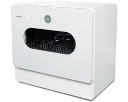 MEDION Mini Vaatwasser DWT51 (tafelmodel vaatwasser met touchbediening, emmerfunctie, 5 couverts, werkt met/zonder wateraansluiting, 7 reinigingsprogramma's, voorkeuze starttijd, MD 37766) wit