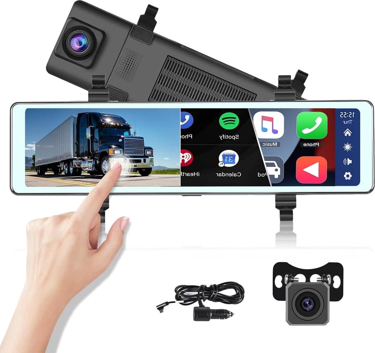 Achteruitkijkspiegel dashcam 11,6 inch CarPlay Android Auto - Achteruitrijcamera IPS-display WDR-opname Bluetooth-FM-AUX 7V-36V — afbeelding 1