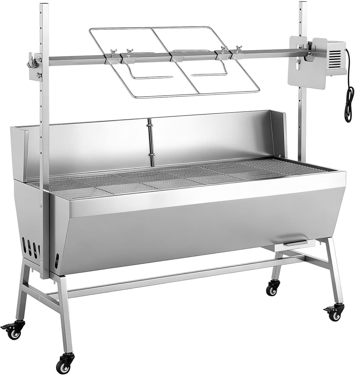 Rotisseriegrill met elektromotor, 38 W BBQ-spitrooster voor buiten koken, houtskoolgrill met een capaciteit van 132 lbs, verstelbare hoogteniveaus, roestvrijstalen ontwerp met wielen voor kamperen en buitengebruik — afbeelding 1