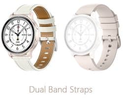 WizBay Premium Select® Smartwatch 1.32” AMOLED – GPS – 3ATM Waterdicht – Bluetooth Bellen – Bloeddruk, O2 & Hartslag – AI Voice Assistant – Kompas & Hoogtemeter – 50+ Sport Modi – Dual Band Wit Leder, Pale Pink