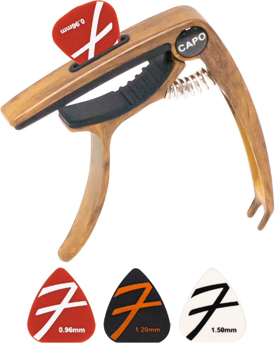 Finesse Universele Capo met Plectrums - Plectrumhouder - Gitaar - Akoestisch - Elektrische - Ukelele - Hout — afbeelding 1