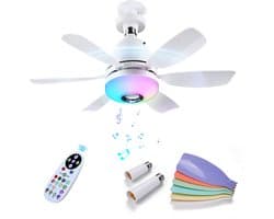 Plafondventilator met Lamp door MMOBIEL – LED Plafondventilator met Bluetooth Speaker, E27 Fitting, RGB Licht, Dimbaar 3000K-6500K, Muzieksync, 3 Snelheden, 2x6 Bladen, Afstandsbediening – Wit