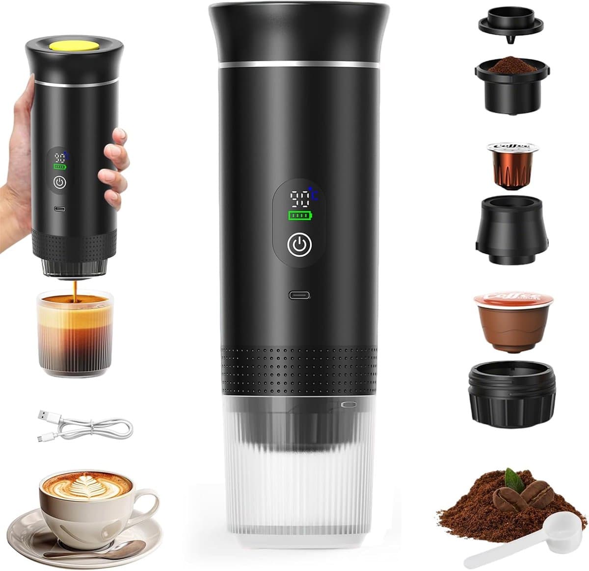 Draagbaar koffiezetapparaat 3-in-1 - Oplaadbaar, draagbaar reiskoffiezetapparaat - 20-25 uur - 12V espressomachine voor capsule-Capaciteitsupgrade -CNC - Verhoogde capaciteit-gemalen koffie - voor kamperen, reizen, kantoor, auto en thuis (zwart) — afbeelding 1