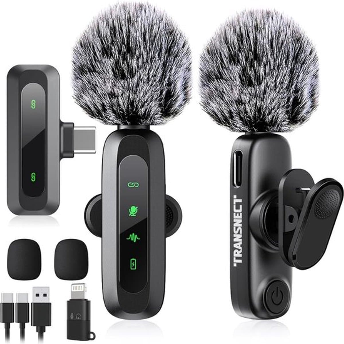 TRANSNECT - Draadloze Microfoon - 2 stuks - Microfoon Draadloos - Dasspeld Microfoon Draadloos - Microfoon Bluetooth - Lavalier Microfoon - USB-C & 8-pins ontvanger - Geschikt Voor Alle Telefoons — afbeelding 1
