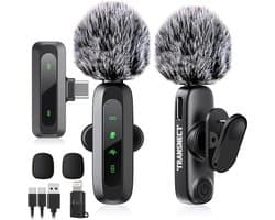 TRANSNECT - Draadloze Microfoon - 2 stuks - Microfoon Draadloos - Dasspeld Microfoon Draadloos - Microfoon Bluetooth - Lavalier Microfoon - USB-C & 8-pins ontvanger - Geschikt Voor Alle Telefoons