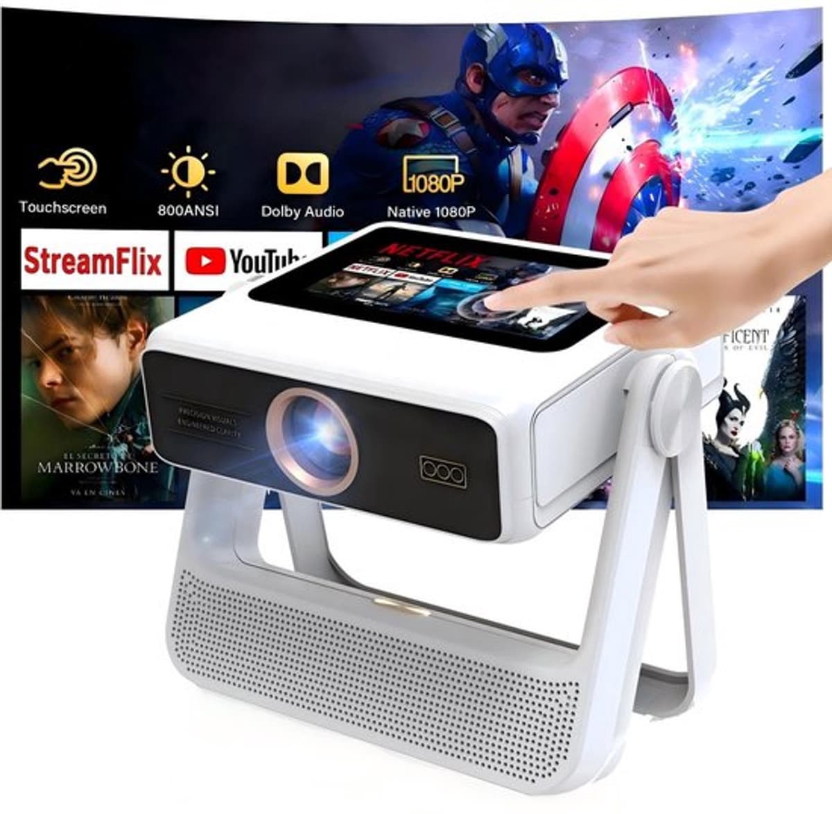 Beamer Smart - 1100 ANSI Lumen - Native Full HD 1080P Resolutie - Android Systeem - WiFi 6 Bluetooth - Draagbaar - Thuisbioscoop Projector — afbeelding 1
