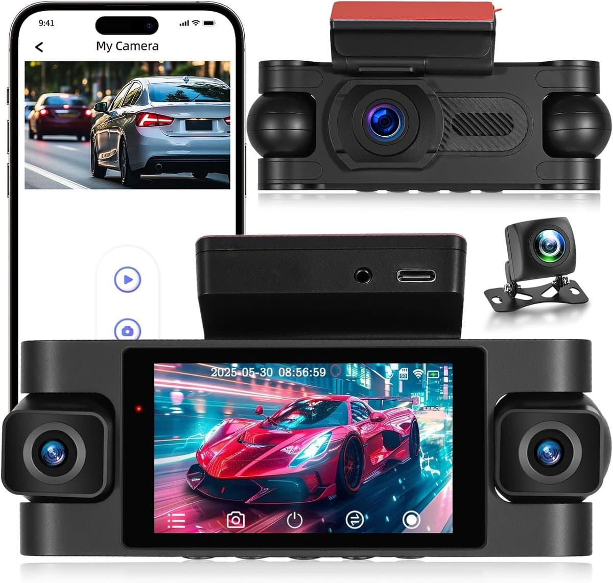 Dashcam voor auto - Zwart - 3 inch - 4 Camera's met 360° Dekking en Nachtzicht - Met Wifi en 24-Uurs Parkeermodus — afbeelding 1