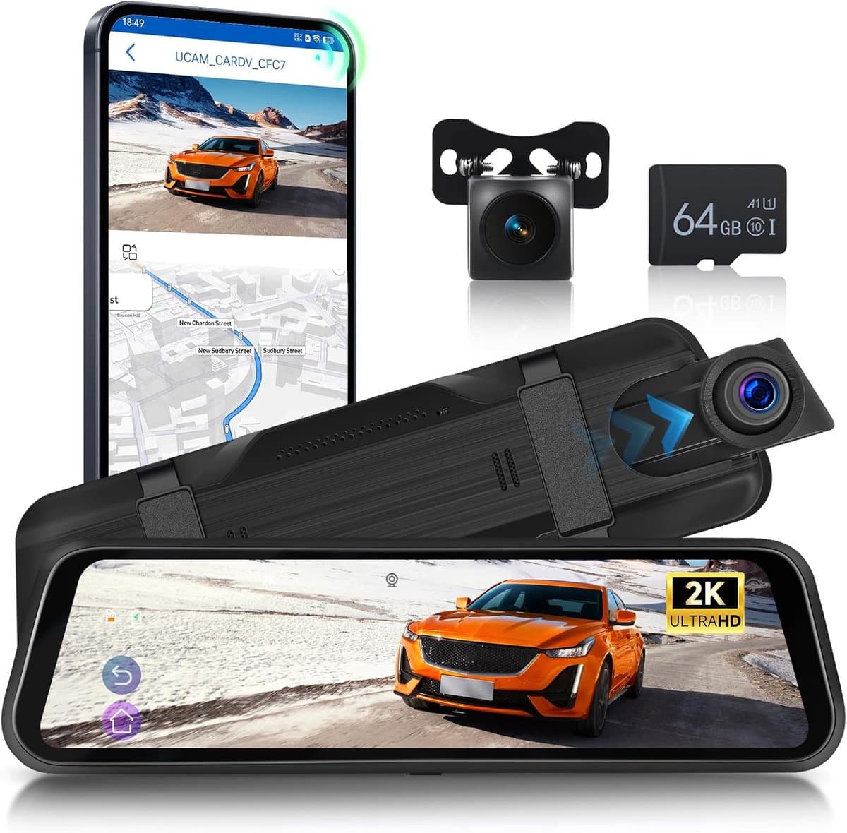 SnelShoppen - 2K Wifi Dashcam Achteruitkijkspiegel met 9,66 inch Touchscreen, Dubbele Lens, Nachtzicht, Loopopname, G-sensor, 64G Micro SD Kaart, Veil — afbeelding 1
