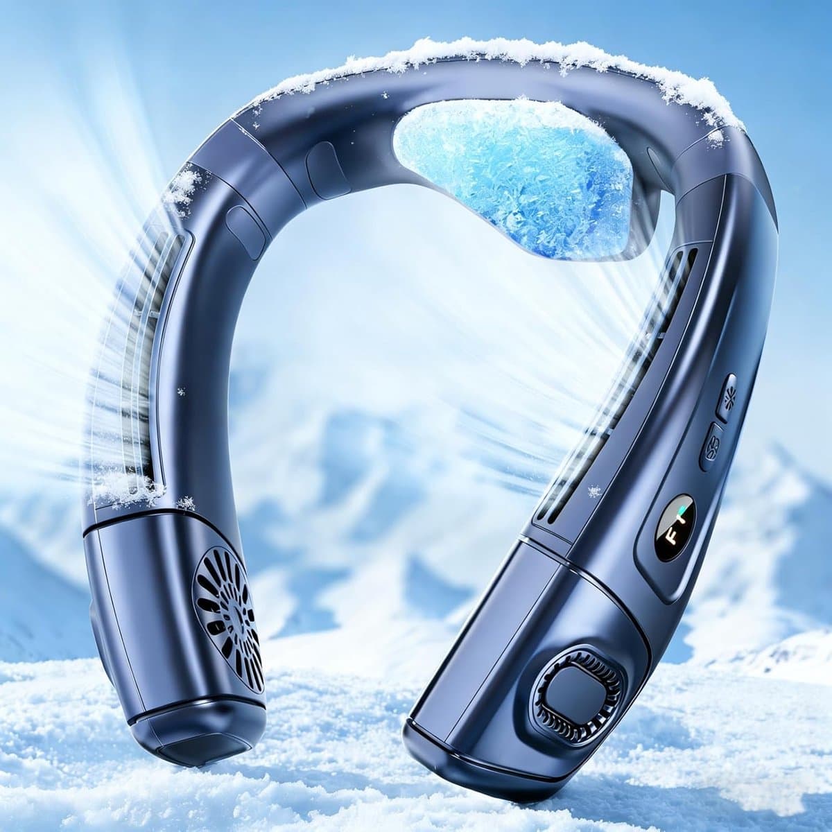 Nekventilator die koele lucht blaast, draagbare ventilator op batterijen, zonder bladen, oplaadbaar, 3 windsnelheden en 3 windstanden (blauw). — afbeelding 1