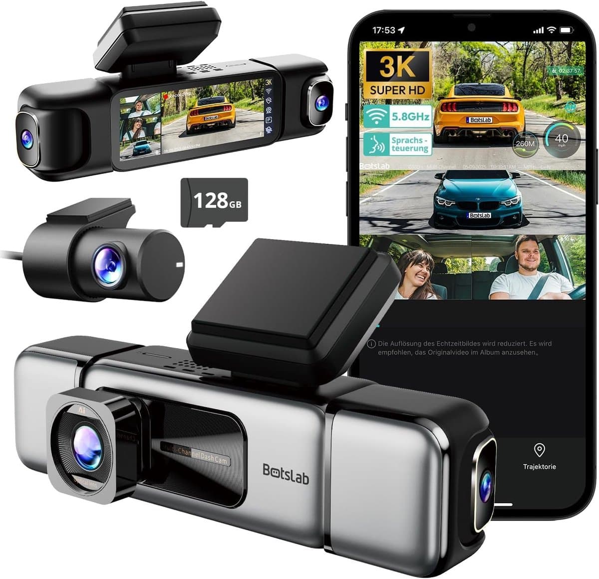 SnelShoppen - 4-Kanaals Dashcam Auto Voor en Achter met 3K + 3 * 1080P, Inclusief 128 GB SD-Kaart, GPS, 5 GHz Wi-Fi, 3.18 Inch IPS-Scherm, WDR, G-Sens — afbeelding 1