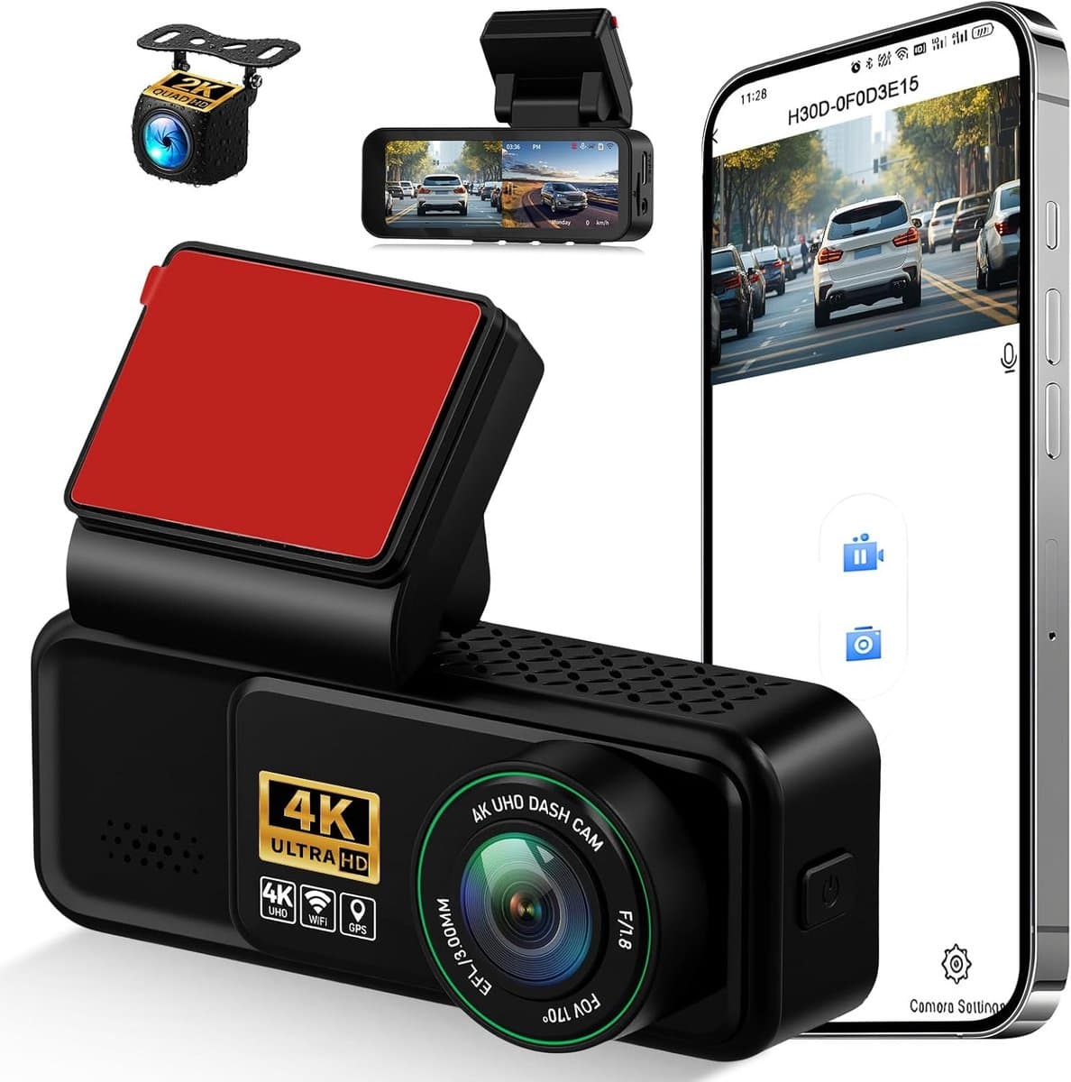 SnelShoppen - 4K Dashcam Voor en Achter, 4K+2K FHD Auto Camera met GPS, ADAS, APP, 150° Groothoek, Nachtzicht, G-sensor, Lusopname, 24/7 Parkeren — afbeelding 1