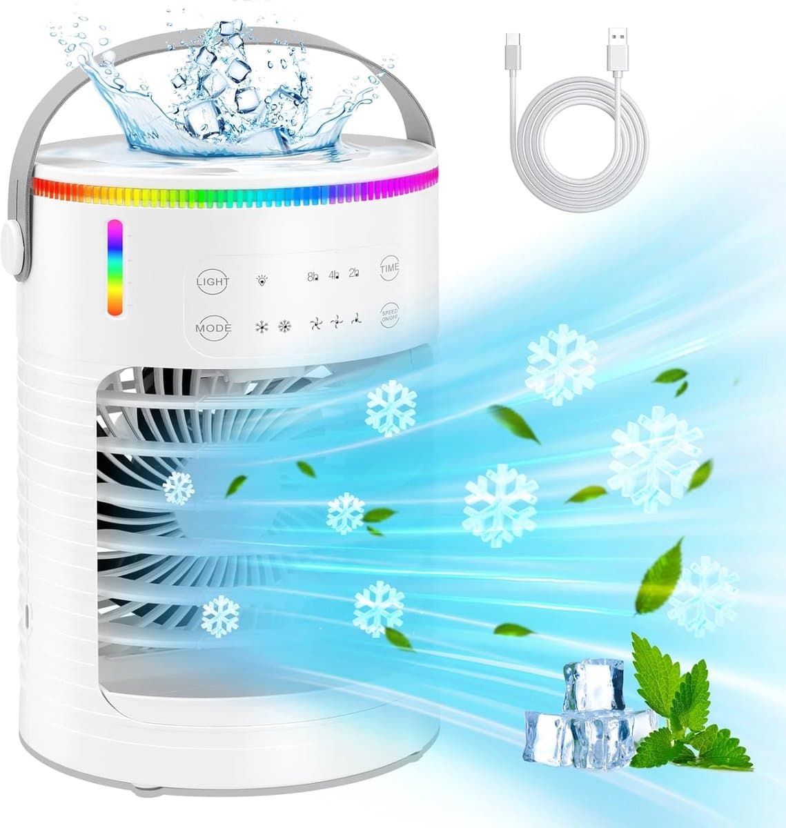 verdampingskoeler met 4 snelheden, vernevelingsfunctie, ijsblokjesvorm, watertank van 600 ml, ledverlichting in 7 kleuren en koelelement; stille ventilator, mini-airco zonder afvoerslang voor thuis, op kantoor en op reis. — afbeelding 1