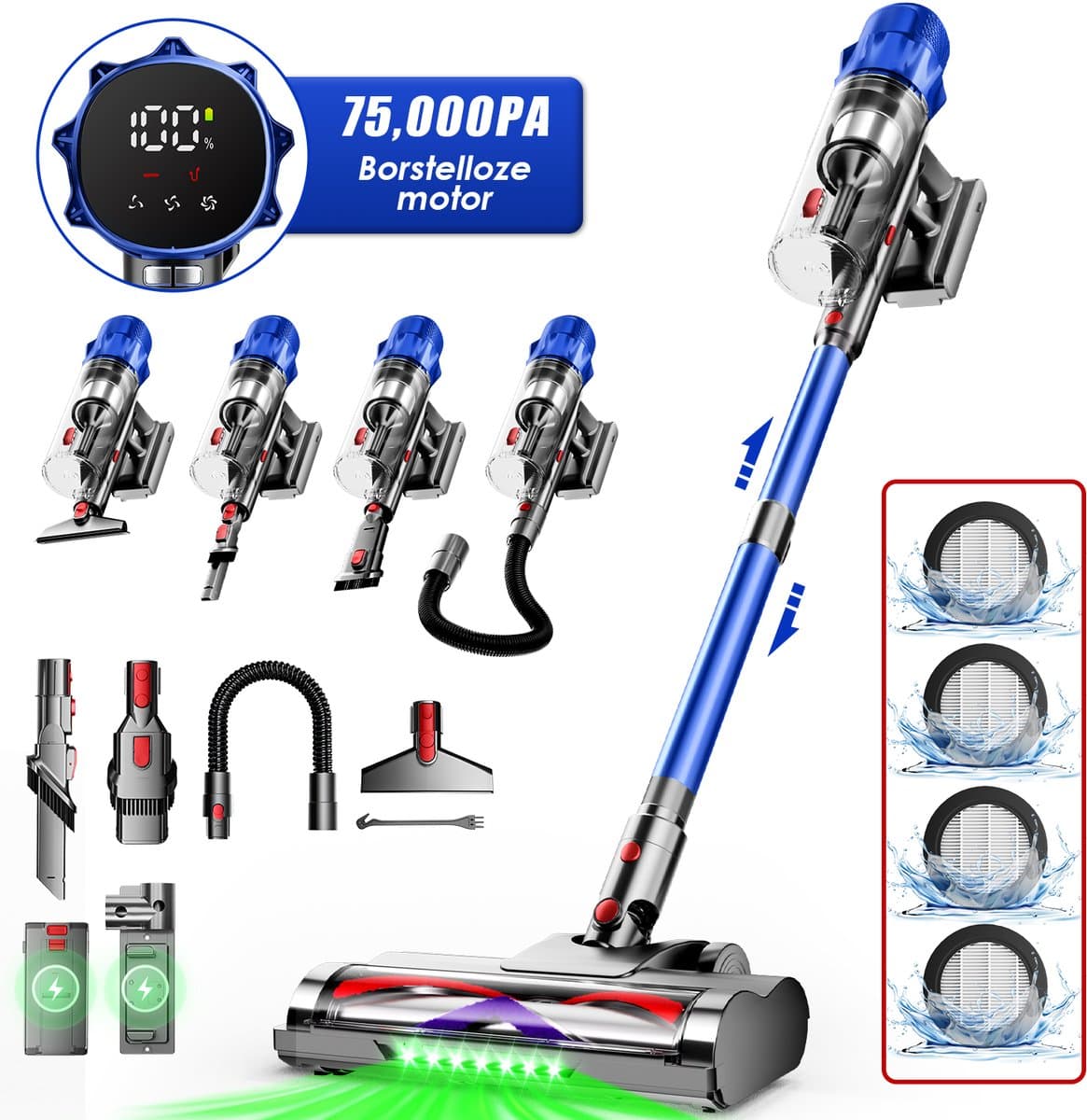 Hiaonyx steelstofzuiger - 9-in-1 steelstofzuiger draadloos - 75000pa - Met dierenborstel - LED Groene Stofdetectielamp - Geschikt voor Tapijten - Harde Vloeren en Dierenharen - 2-liter stofopvangbox - Blauw — afbeelding 1