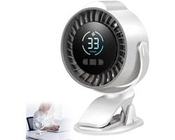 Clip-on USB-ventilator met 100 snelheidsinstellingen; 720° draaibare bureauventilator met led-display; stille, op batterijen werkende ventilator, Geschikt voor kinderwagens, kantoren en kamperen.