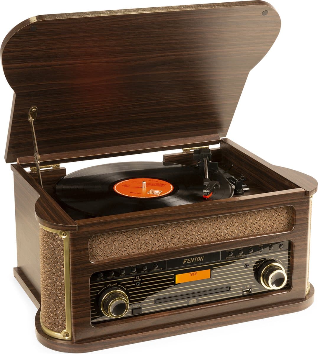 Retro platenspeler Bluetooth - Fenton Memphis - Met FM en DAB radio - Cassette speler - Donkerbruin — afbeelding 1