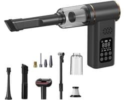 Draadloze 5-in-1 autostofzuiger met draagbare bandenpomp, voorzien van LED-verlichting en digitale drukmeter, krachtige handstofzuiger geschikt voor auto's, dierenharen, motorfietsen, ballen, enz. (Zwart)