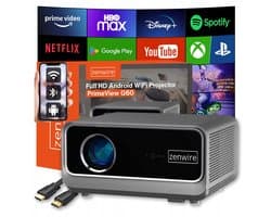 Zenwire G60 Beamer - Full HD 1080p 4K Support - Officiële Google TV Android 14 - 1300 ANSI Lumen - Contrast 10000:1 - WiFi 6 - Bluetooth - Smart Mini Projector