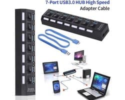 7-poorts USB-hub - USB-splitter en poortuitbreider - Meer aansluitingen creëren - Individuele AAN/UIT-schakelaars - 16.5 cm - Zwart