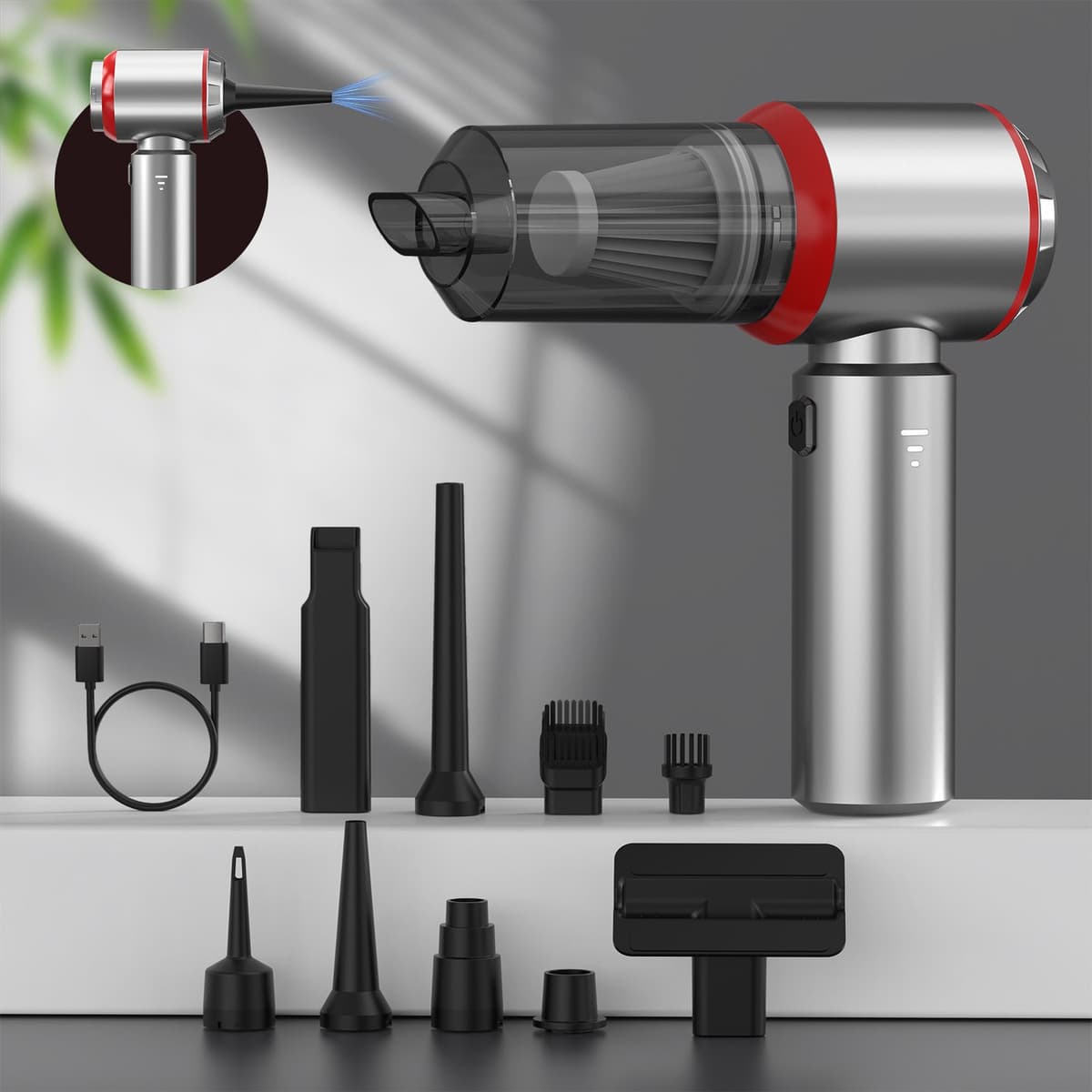 4‑in‑1 draadloze oplaadbare handstofzuiger, 16000PA sterke draagbare autostofzuiger met borstelloze motor, compacte mini stofzuiger in zilver, voor auto, thuis, kantoor en kamperen(rood) — afbeelding 1