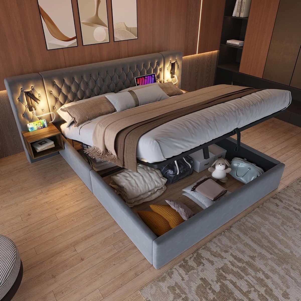 Bedframe 180 x 200 cm, slaapkamer, complete set, hydraulisch gestoffeerd bed met opbergruimte en 2 nachtkastjes, hoofdeinde met led-leeslamp en USB-oplaadfunctie, fluweel, grijs, zonder matras — afbeelding 1