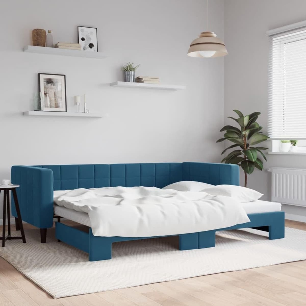 Bedframe, familiebed, tweepersoonsbed, slaapkamermeubel, dagbed, uittrekbaar, blauw, 90x200 cm, fluweel — afbeelding 1