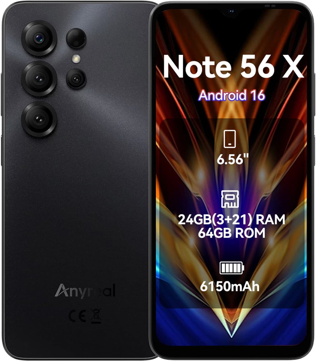 Anyreal Note 56 X Smartphone - 6,56 Inch - 24GB(3+21) RAM - 64GB ROM - 6150 mAh - Android 16 - Zwart — afbeelding 1