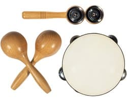 Bryce Percussion Houten Percussie Cadeaubox - Muziekinstrumentenset Kinderen - Tambourijn Maracas Belletjes - 3-delig