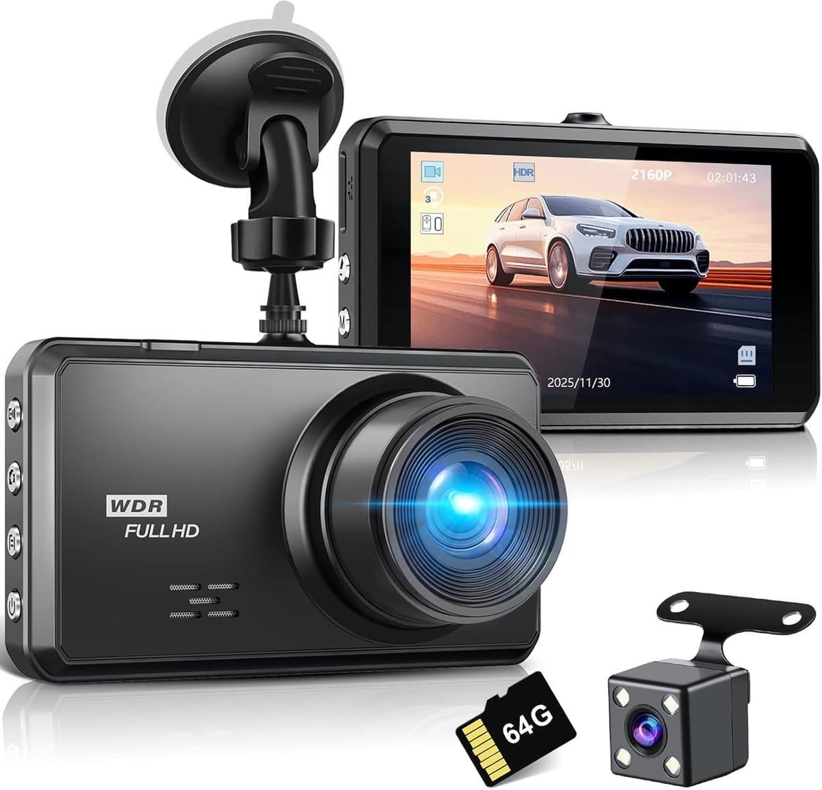 SnelShoppen - Miden 4K + 1K Dashcam Auto met 64G SD Kaart, 2160P + 1080P UHD, IPS 3.2 Inch, 336° Breedhoek, G-sensor, WDR, 24 Uur Parkeerstand, Loopop — afbeelding 1
