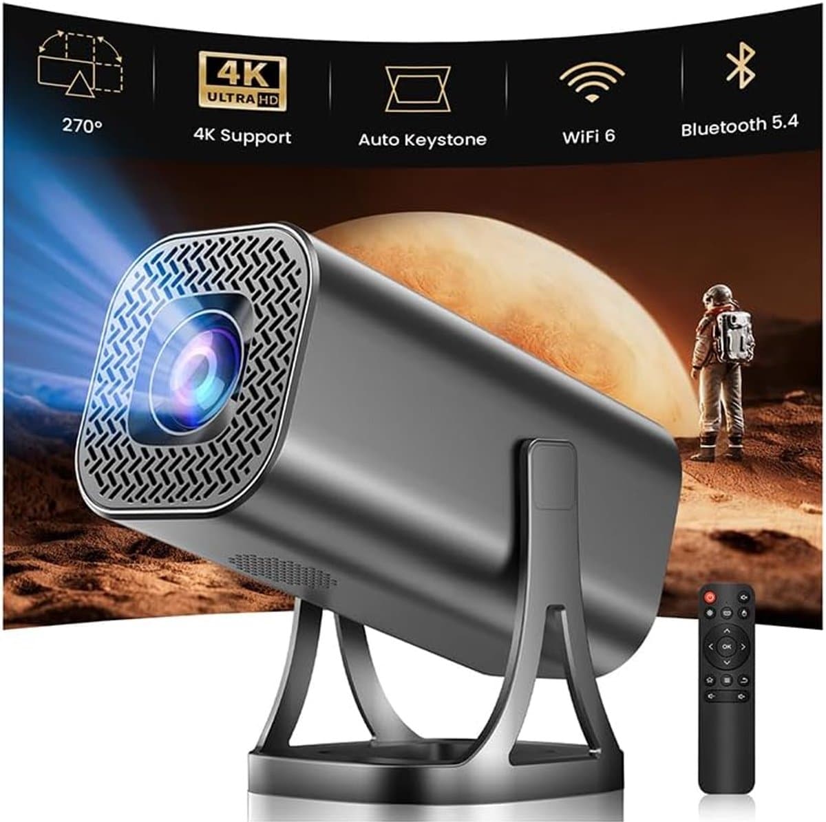 SnelShoppen - Mini-Beamer 4K 1080P, Draagbare Projector Android 12.0, 22000L, Wifi 6 & Bluetooth 5.4, Home Theater Smart Beamer met Auto Keystone, 270 — afbeelding 1