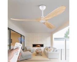 Plafondventilator 60 inch hout zonder verlichting - Waterdicht en weerbestendig - Moderne mid-century stijl - Inclusief valbuis voor montage - Natuurlijke houtlook afwerking - Geschikt voor terras, woonkamer, garage en paviljoen
