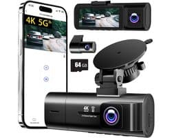 SnelShoppen - Dash Cam 3 Kanaals Voor en Achter, 4K+1080P+1080P Auto Camera met 64GB SD Kaart, 170° Groothoek, Nachtzicht, Parkeerstand, 3.1 Inch Sche