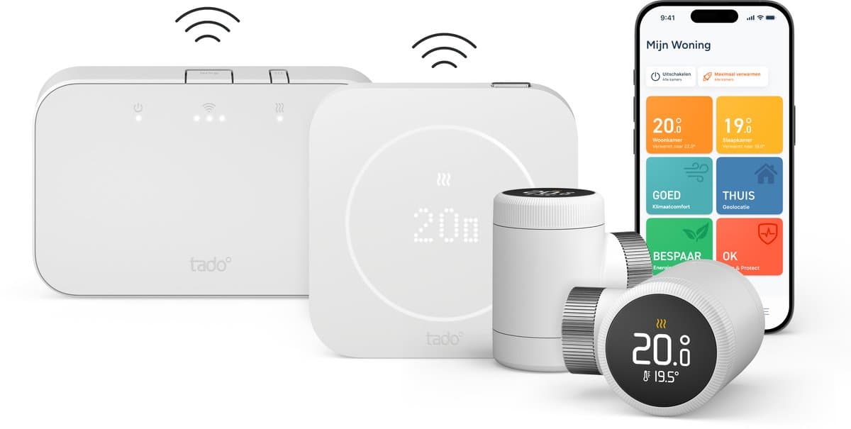 tado° Draadloze Slimme Thermostaat X (2e gen.) Multi-Room Starterskit - Incl. 2 Radiatorknoppen - OpenTherm & Relay - Matter, Google Home, Alexa & Apple Home - Wit — afbeelding 1