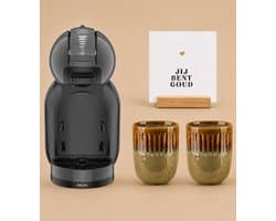 KRUPS NESCAFÉ Dolce Gusto MiniMe KP120810 - Koffiecupmachine - Antraciet / zwart + 2 bruin-beige mokken zonder oor + witte tegel "Jij bent goud" + tegelhouder