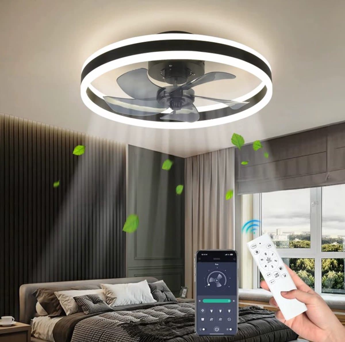 MiShar Plafond Ventilator Lamp - 51 CM - Smart Lamp - 6 Standen - 1 grote led strook - Dimbaar - Zwart - Kroonluchter LED Ventilator - Chandelier Fan - Woonkamer Lamp - Ventilator Lampen - Slaapkamer lamp - Eetkamerlamp — afbeelding 1