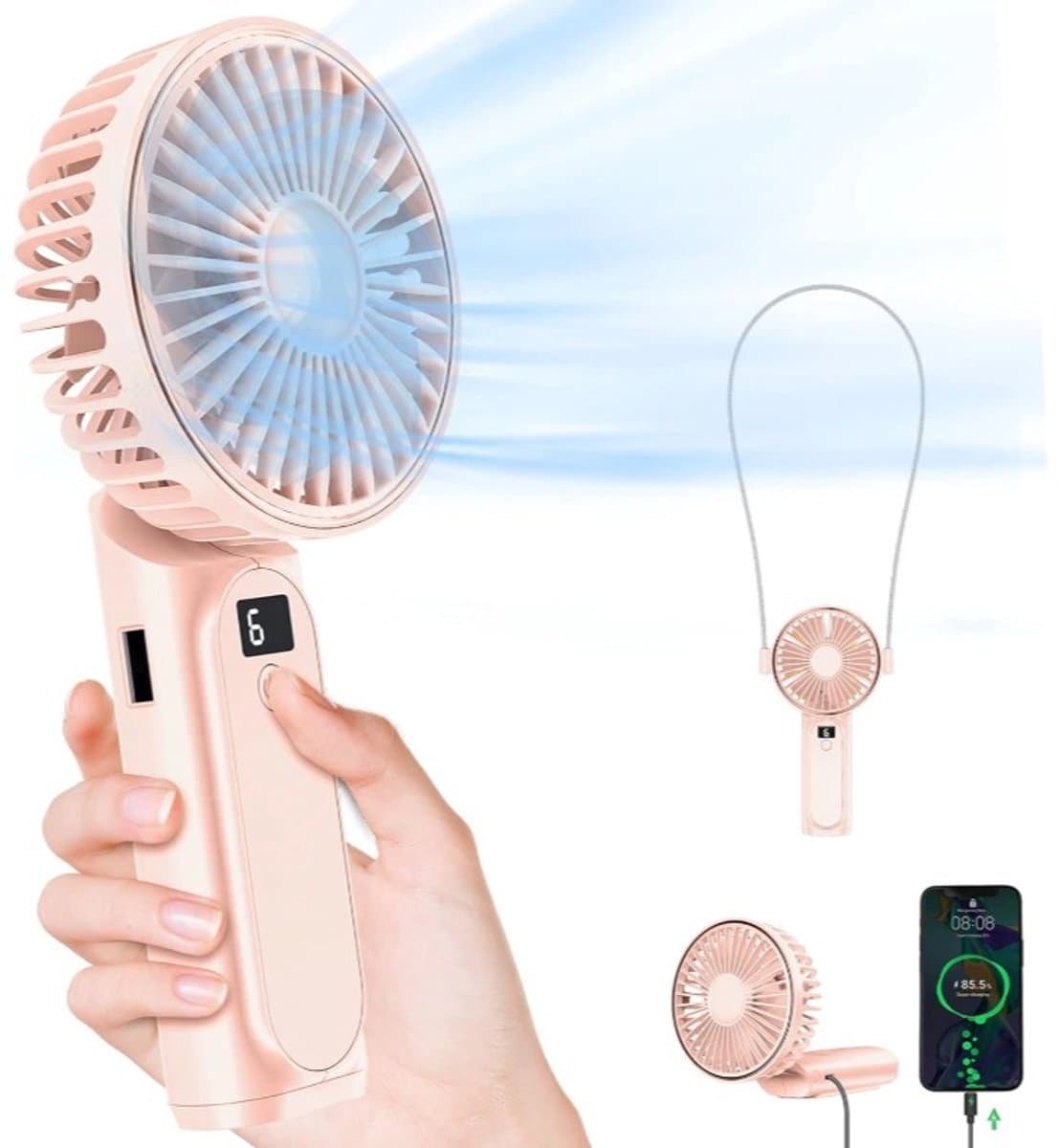 Draagbare handventilator, mini 180° opvouwbare ventilator, 6 snelheden, lcd-display, ultrastil, 4000 mAh, zakformaat, binnen/buiten te gebruiken, met draagkoord — afbeelding 1