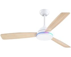 Epochglo Plafondventilator met Verlichting 132 cm, Stille DC Motor & Afstandsbediening, 3 Bladen Tweezijdig (Wit / Lichte Houtnerf), RGB, 24W LED Lamp Dimbaar 3000K-6000K, 6 Standen & Timer, Zomer- en Winterstand voor Slaapkamer, Eetkamer, Woonkamer