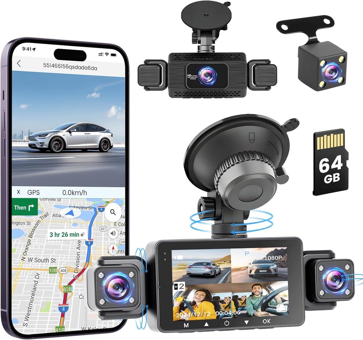 SnelShoppen - 4K 1080P Dashcam Auto met 5GHz WiFi, 64GB SD Kaart, 3" IPS Scherm, 170° Groothoek, Loopopname, G-Sensor, Nachtzicht voor Auto en Vrachtw — afbeelding 1