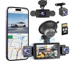 SnelShoppen - 4K 1080P Dashcam Auto met 5GHz WiFi, 64GB SD Kaart, 3" IPS Scherm, 170° Groothoek, Loopopname, G-Sensor, Nachtzicht voor Auto en Vrachtw