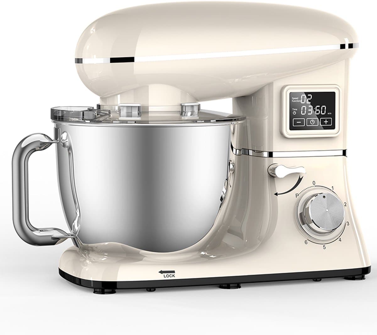 SHANNA Digitale Keukenmachine – 1600W Zuiver Koper – Standmixer – Bakmachine - 6,2L RVS Mengkom – Met LCD Timer, Deeghaak, Garde en Complete Bakaccessoires – Crèmewit — afbeelding 1
