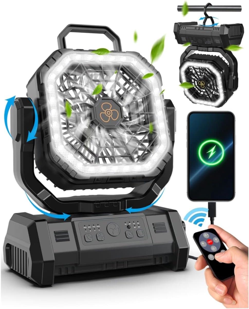 Camping ventilator oplaadbaar – 20000 mAh ventilator met LED lamp – stil – afstandsbediening – 4 standen — afbeelding 1