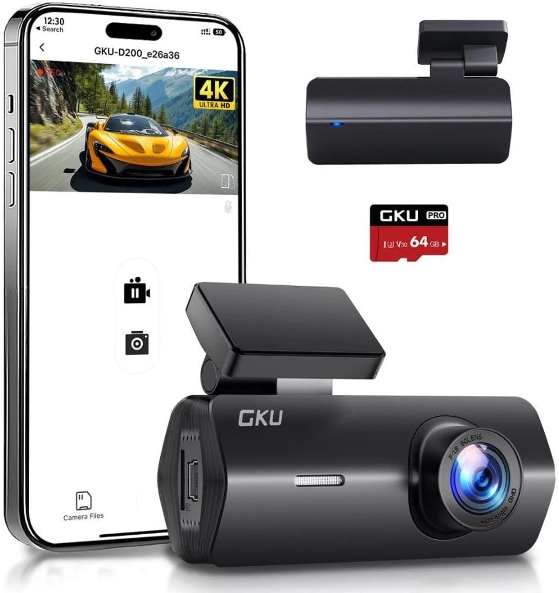 GKU Dashcam Auto Voor 4K UHD - 5.8GHz WiFi - 170° Groothoek met WDR Nachtzicht & 24H Parkeermodus - Inclusief 64GB SD-kaart — afbeelding 1