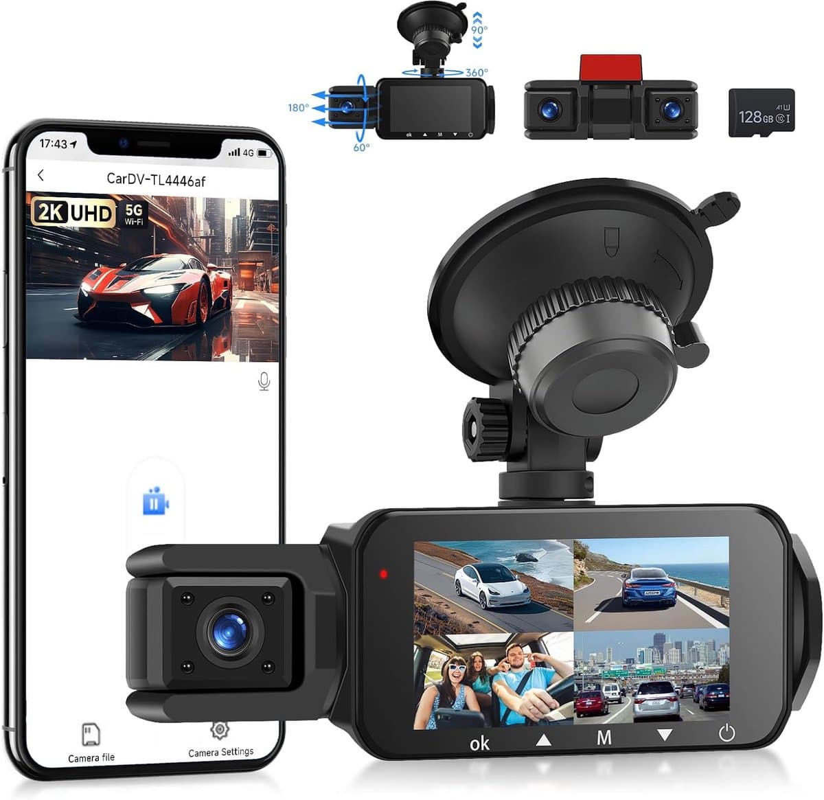 SnelShoppen - VECHTEL 2K WLAN Dashcam Auto met 3 Inch IPS-Display, Nachtzicht, SD 128 GB, G-Sensor, 24 Uur Parkeermodus, Loopopname en Achteruitrijass — afbeelding 1