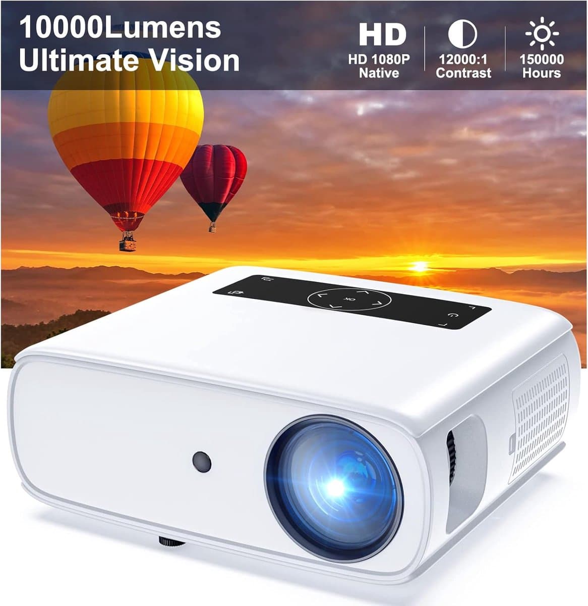 1080p Full HD beamer, 10.000L thuisbioscoop, videobeamer met 150.000 uur, ondersteunt 4K 350'' display multimedia beamer voor smartphone/pc/laptop/PS4/tv-stick/EXCEL/PPT — afbeelding 1