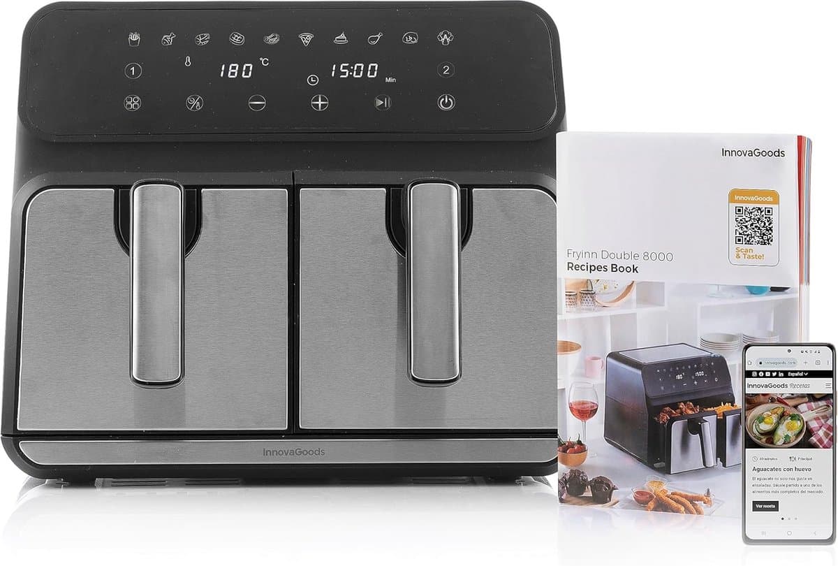 Zonder Olie InnovaGoods Fryinn Double 8000 Zwart Roestvrij staal 3400 W 8 L — afbeelding 1