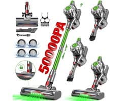 Fukstern Steelstofzuiger Draadloos – 50 kPa Sterke Zuigkracht – Tot 60 Min Accuduur – Anti-haarwikkel Vloerborstel – Inclusief 4 HEPA-filters – 1,6L Stofreservoir – Groene LED Stofdetectieverlichting – Groen