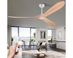 MIVRAY Plafondventilator – 176 cm – Stil Met Afstandsbediening En 6 Snelheden – Metaal En Hout – Wit Natuurlijk – Zonder Verlichting Voor Grote Ruimtes