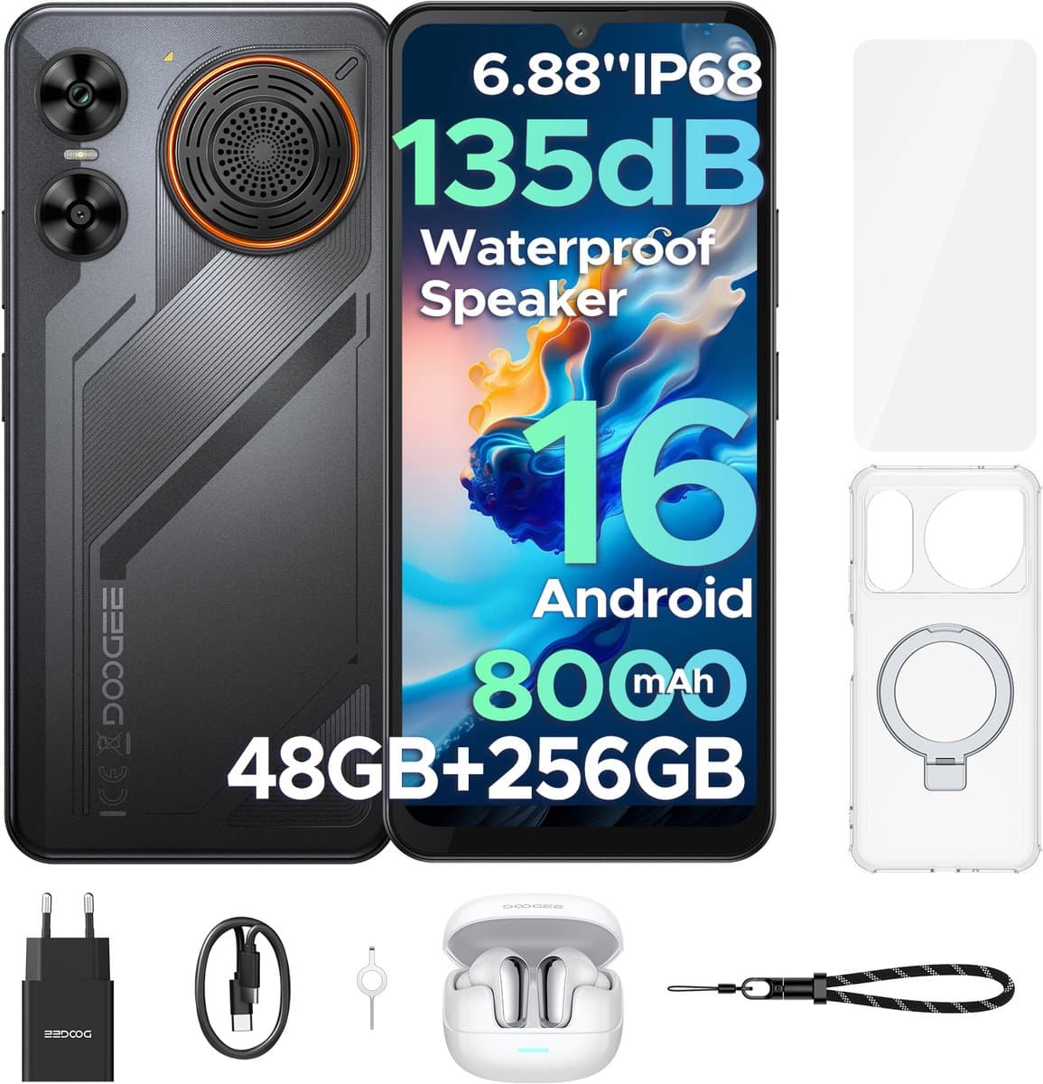 DOOGEE M30 VIP - Robuuste smartphone - 48GB RAM + 256GB ROM - 6,88 Inth HD + 120Hz - IP67 - Android 16 - 8000mAh - 64MP 0drievoudige camera - NFC - Vingerafdruk - 135dB luidspreker - Face ID - Volledige accessoirebundel - Zwart — afbeelding 1